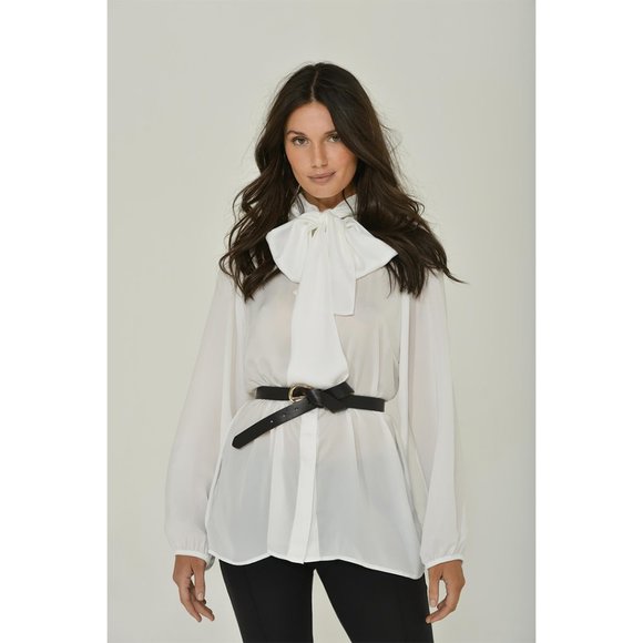 White Long Sleeve Mandarin Blouse w/ Removable Bow | NWT | Made in USA - Picture 3 of 6